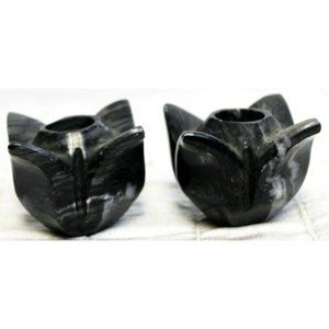 Small Granite Marbled Black-Gray Stone Candle Stick Holders Flower Marble